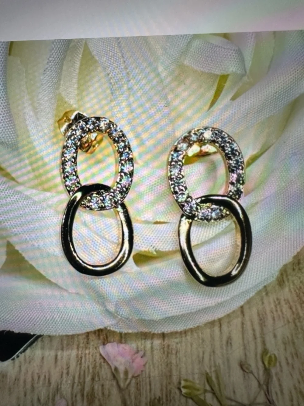 18K Gold Plated CZ Double Circle Stud Earrings | Linked Drop Style NWT